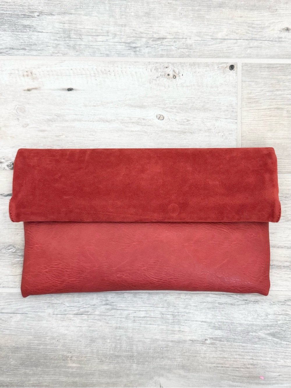 Red Rust Foldover Suede and Vegan Leather Clutch Crossbody Shoulder Bag